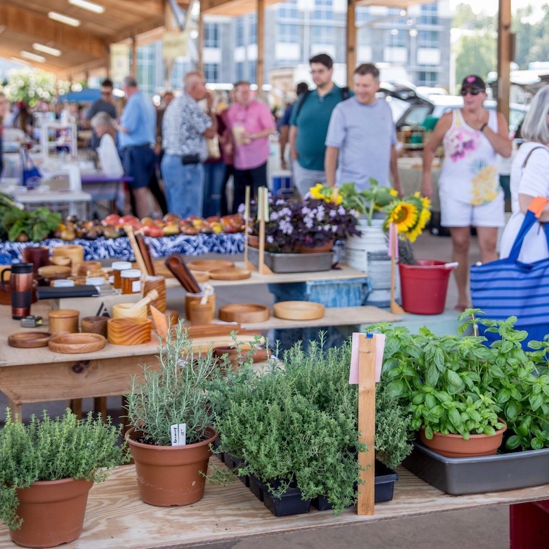 Potted herb plants and wooden items on display at an outdoor market, with people shopping in the background.