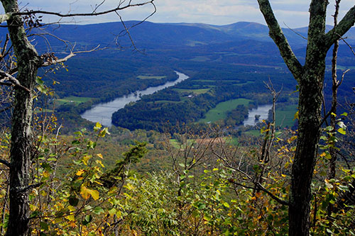 A landscape view of mountains, a forest, and a river from an elevated point.