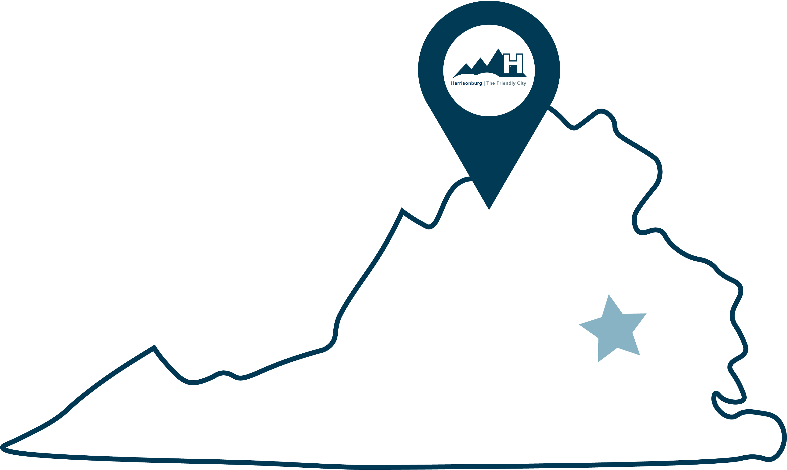 A blue outline of the state of Virginia with a star on the location of Richmond and a location pin on Harrisonburg.